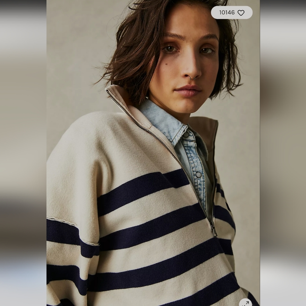 FREE PEOPLE Coastal Navy Cream Navy Striped Half Zip Pullover NWT - Picture 6 of 9